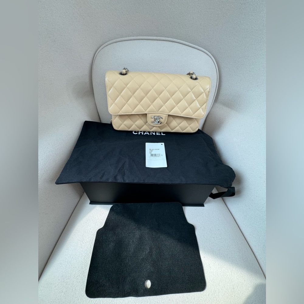 CHANEL Classic Double Flap in Medium Caviar Beige